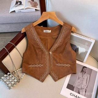 Áo gile retro không tay phong cách bohemian vintage phương Tây, da lộn thêu nặng, phù hợp thời trang hàng ngày