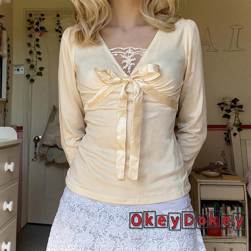 ODokey-Nữ Ren Chắp Vá Áo Nơ Trước Cổ Chữ V Tay Dài Slim Fit Áo