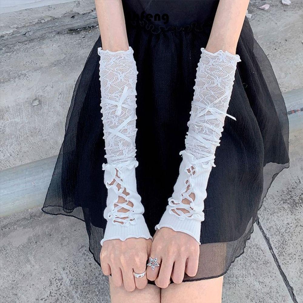 Găng tay ren Lolita punk gothic có dây nơ ngón, phù hợp cho nữ và bé gái chống nắng