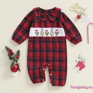 Bé Giáng Sinh Kẻ Sọc Áo Liền Quần Cây Chó Thêu Cổ Búp Bê Dài Tay Jumpsuit