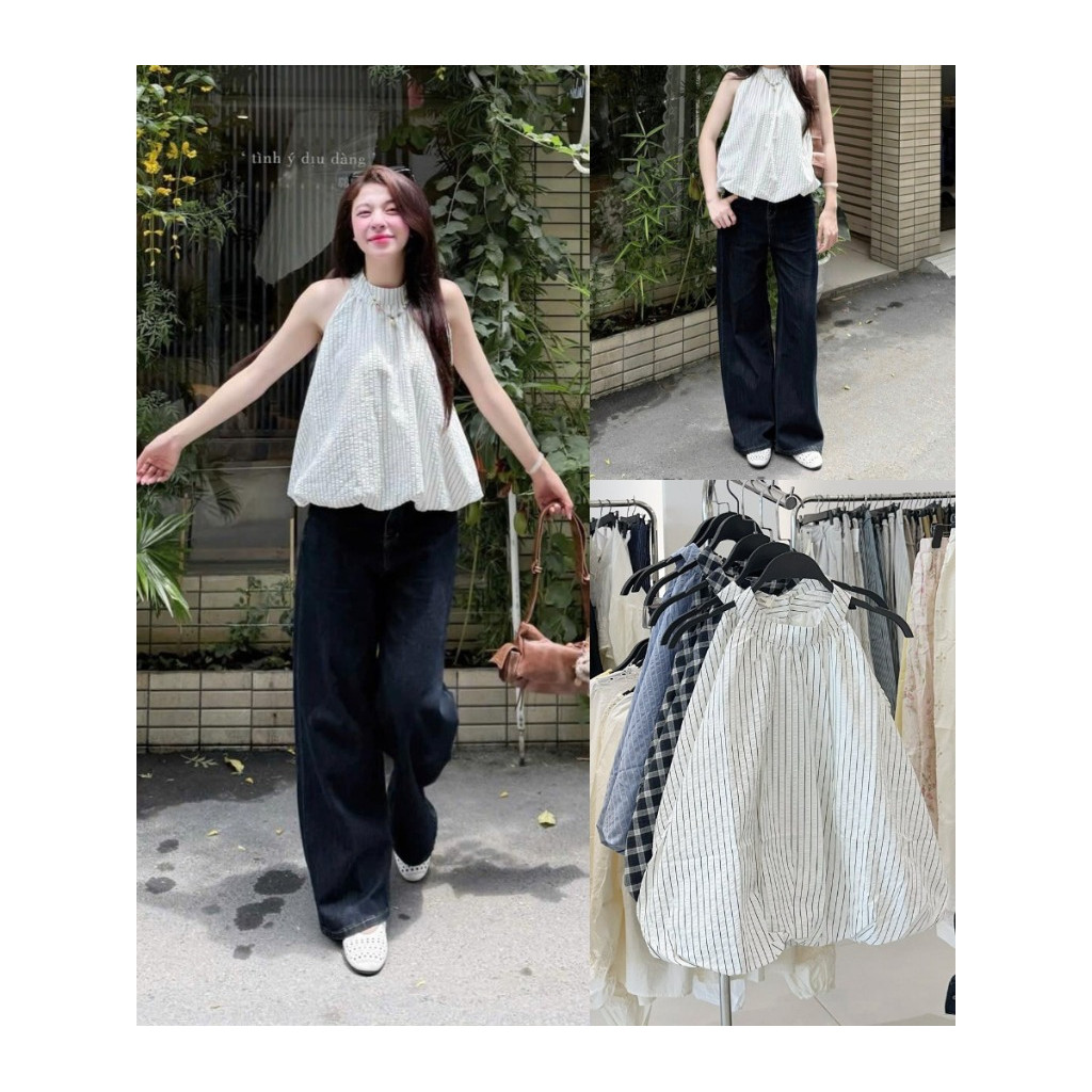 Áo Cổ Yếm Nữ Dáng Bí Trứng Phồng Freesize- Áo Babydoll Họa Tiết Kẻ Sọc Thiết Kế Độc Lạ_A593