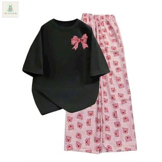 Tổng hợp các sét bộ quần heo hồng+mix áo phông form rộng -hình NƠ  KẺ CARO ĐỎ-thubaquanao