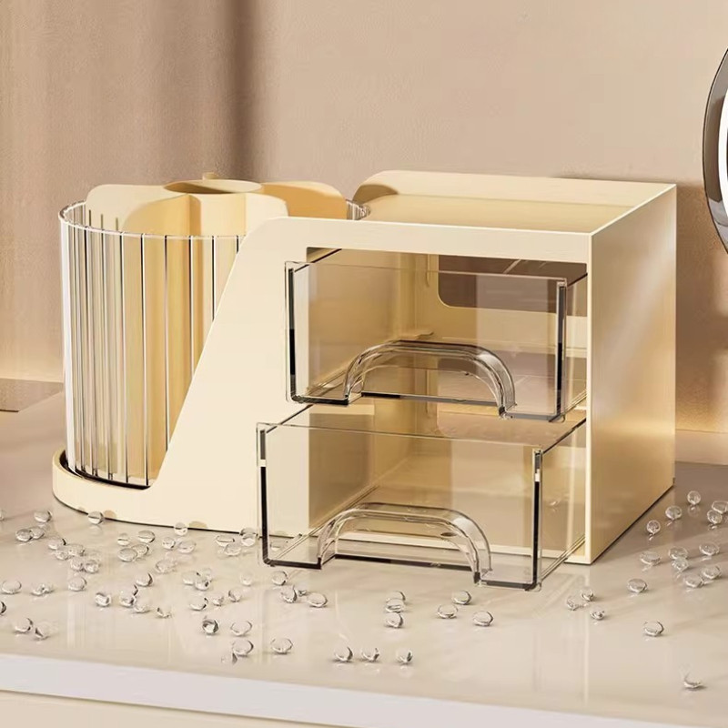 Khay Đựng Đồ Trang Điểm Để Bàn ENODA HOME, Khay Đựng Đồ Makeup Kèm Ống Đựng Cọ Xoay Tròn P056