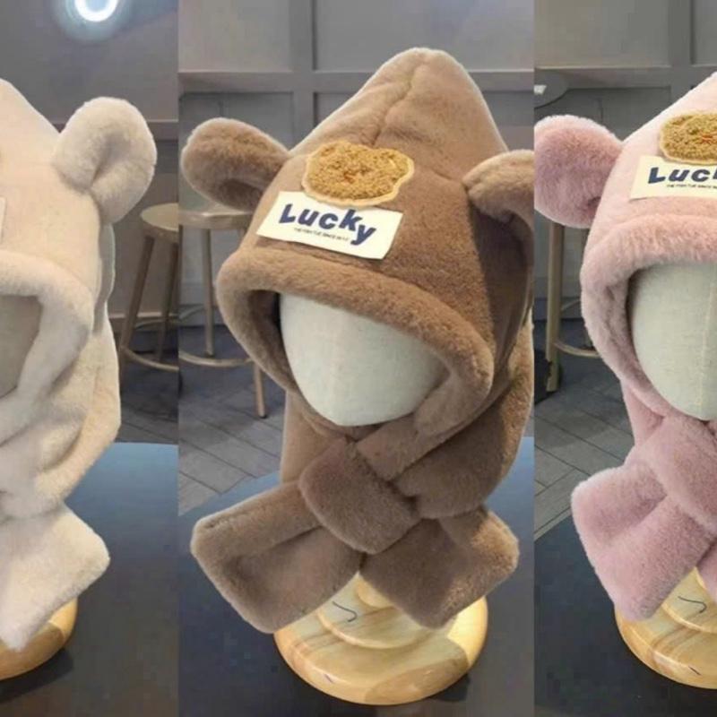 Lucky Mũ Len Gấu Lucky Kèm Khăn Cực Ấm Kèm Khăn Quàng Cổ Giữ Ấm Cho Mùa Đông Chất Liệu Mềm Mại Và Ấm Áp
