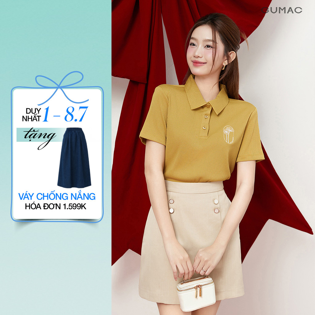 Áo Thun Polo Nữ GUMAC Form Suông Tay Ngắn  Thiết Kế Thêu Hoa Cúc Thanh Lịch PLE12013