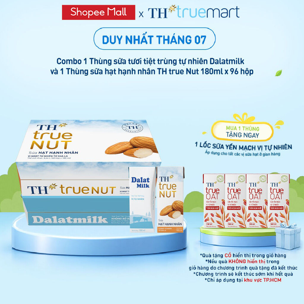 Combo 1 Thùng sữa tươi tiệt trùng tự nhiên Dalatmilk và 1 Thùng sữa hạt hạnh nhân TH true Nut 180ml x 96 hộp