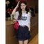 Phong cách Pháp mùa hè Phong cách Hàn Quốc Màu sắc tương phản Áo thun ngắn tay bằng vải Cotton đeo chéo in hình dáng rộng mỏng hơn trông thường ngày Niche Top nữ