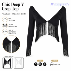 Áo thun nữ WANYEDI, Tua Rua V Cổ Chữ V Áo Crop top nữ, Vai gợi cảm Full Tay Slim Fit Áo dài tay Trang phục dự tiệc