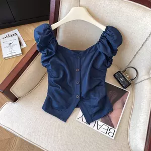 Áo sơ mi cổ vuông phong cách Pháp mùa hè dành cho nữ Áo sơ mi nhỏ phong cách phương Tây cao cấp eo hẹp thon gọn hơn Áo không tay