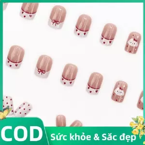 Trong Kho 24Pcs Dễ Thương Phim Hoạt Hình Pháp Trái Tim Dot Màu Đỏ Con Chó Bướm Ngắn Vuông Móng Tay Giả Cá Tuyết