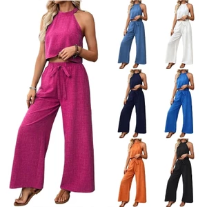 Exhila Phù Hợp Với Bộ Dành Cho Nữ Cổ Tròn Không Tay Crop Và Quần Ống Rộng Đi Chơi Phòng Chờ Du Lịch Trang Phục