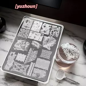 Tấm dập móng tay dây ren kiểu Pháp Hình ảnh DIY In hình học Dụng cụ làm móng tay bằng thép không gỉ Mẫu tem làm móng tay