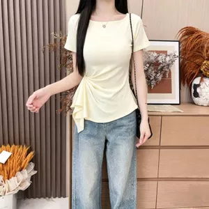 Áo thun ngắn tay màu trơn xếp li kiểu Pháp mùa hè Slim-Fit Chic High-End Commuter Gentle All-Match Ni