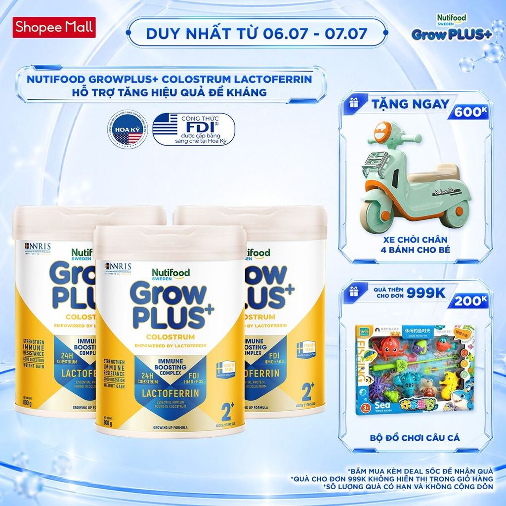 Combo 3 Sữa bột Nutifood Sweden GrowPLUS+ Colostrum Lactoferrin 2+ 800g