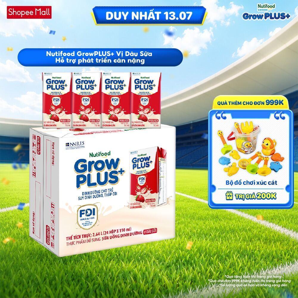 Thùng 24 hộp Sữa bột pha sẵn Nutifood GrowPLUS+ Vị Dâu hộp 110ml - Trên 1 tuổi (24 hộp x 110ml)
