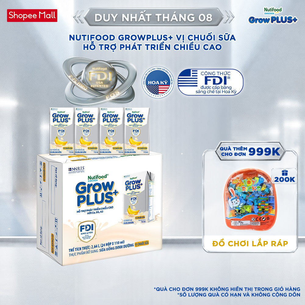 Thùng 24 hộp Sữa bột pha sẵn Nutifood Sweden GrowPLUS+ Vị Chuối Sữa hộp 110ml – Trên 1 tuổi (24 x 110ml)