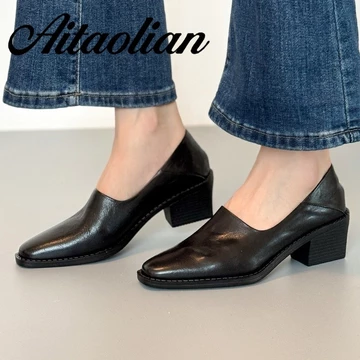 (Size 34-40) Da Thật Chính Hãng Giày Cao Gót Nữ Mũi Vuông Giày Nữ Giày Lười Nữ Da Mềm Giày Cao Gót Thời Trang Giày Nữ Hot Mary Jane Giày Màu Trơn Giày Đen