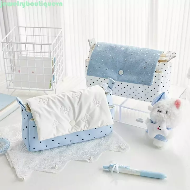 Hộp đựng bút chì chấm bi JEEWE, Túi đựng bút chì để bàn Túi đựng bút phong cách Hàn Quốc, Túi đựng mỹ phẩm Văn phòng phẩm Túi văn phòng phẩm Y2K đơn giản nhiều lớp Túi văn phòng phẩm Nơ ngôi sao trẻ e