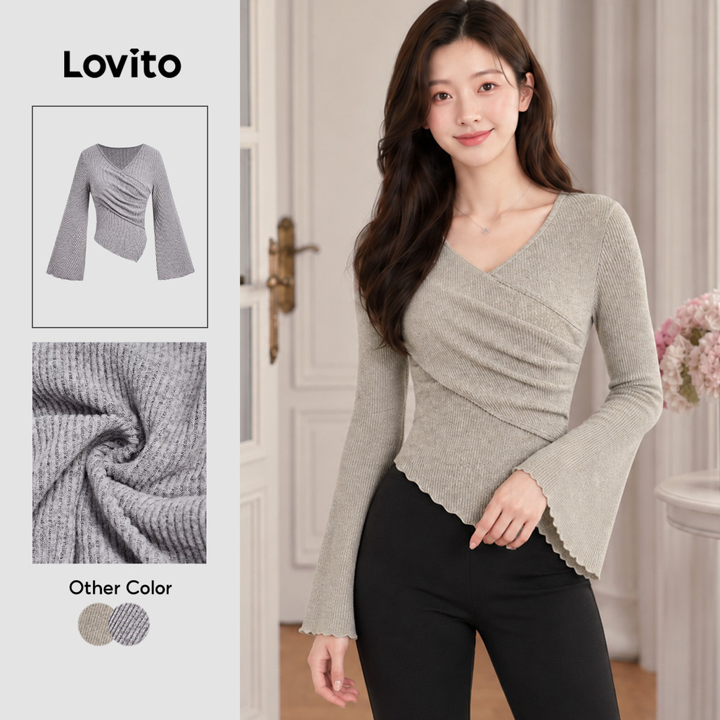 (New) Lovito Phong cách thường ngày Áo Thun Trơn Xếp Ly Đơn Giản Mùa Xuân/thu Dành Cho Nữ L114AD163