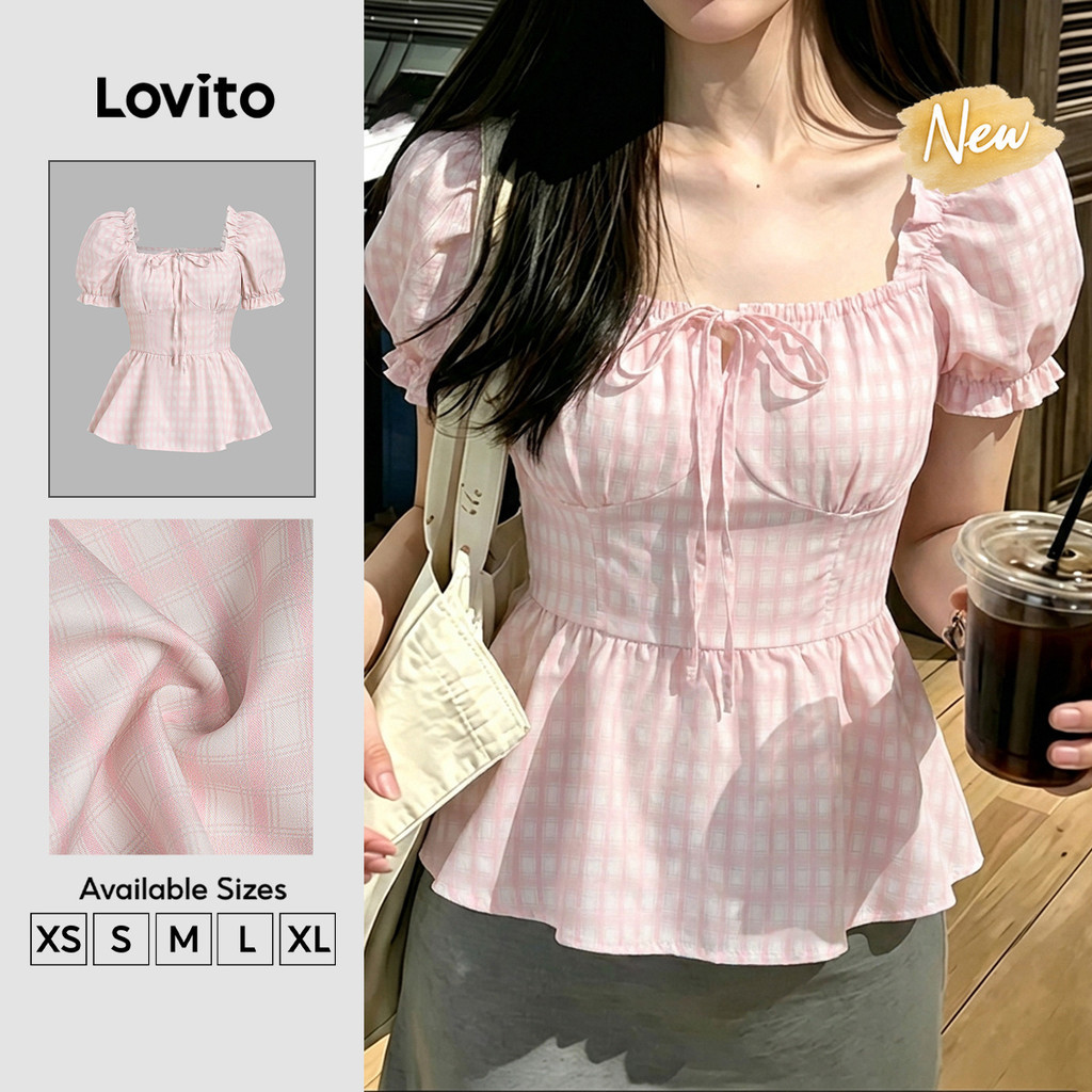 (New Arrival) Lovito Áo sơ Mi nữ màu hồng mùa xuân/hè kiểu dáng thường ngày họa tiết buộc dây BLB203TD007
