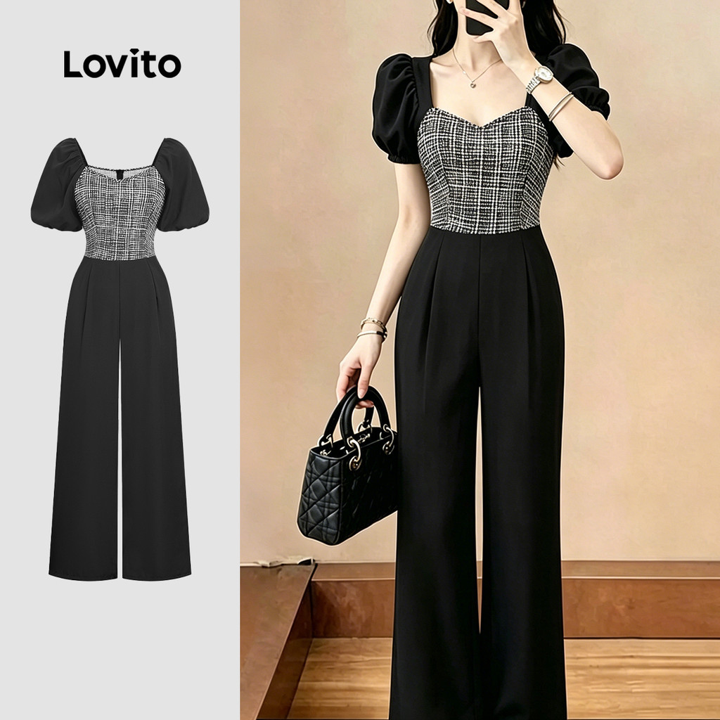 Lovito Jumpsuit thanh lịch phối màu ghép vải mùa xuân/hè màu đen cho nữ L199ED580