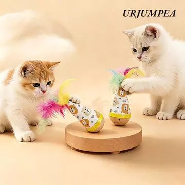 Đồ chơi mèo Tumbler URJUMPEA, Đồ chơi mèo tương tác bằng gỗ Wobbler, Đồ chơi mèo lông vũ xoắn hoạt hình chống mài mòn cho mèo để giải trí bản thân
