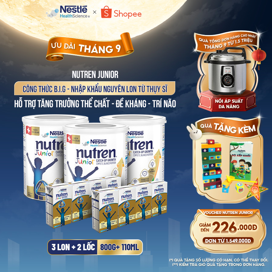 Bộ 3 Sữa Bột NESTLÉ NUTREN JUNIOR Thụy Sĩ Với Công Thức BIG Hỗ Trợ Tăng Trưởng Cho Bé 800G+2 Lốc 4 hộp sữa pha sẵn 110ML