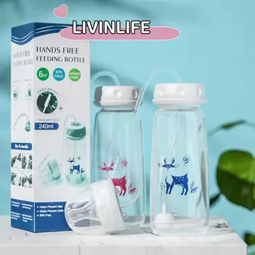 Bộ bình sữa LIVINLIFE, 8oz / 240ml có bàn chải ống hút Bình sữa rảnh tay, Bình trữ sữa tự ăn cổ bình thường có trọng lực sáng tạo cho bé từ 3 tháng tuổi trở lên