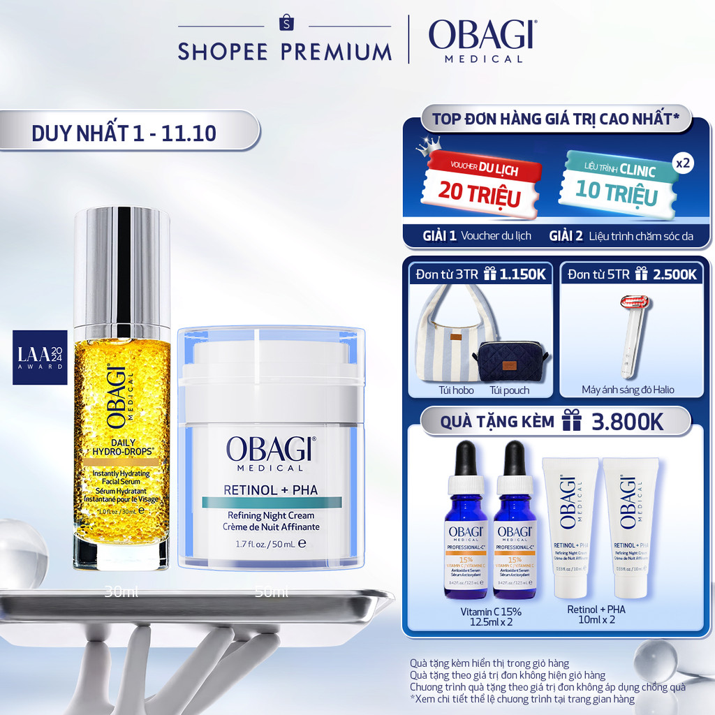 [Voucher SVIP 18%] Bộ đôi Kem Dưỡng Đêm Obagi Retinol + PHA và Serum Dưỡng Ẩm & Làm Dịu Da Obagi Daily Hydro-Drops