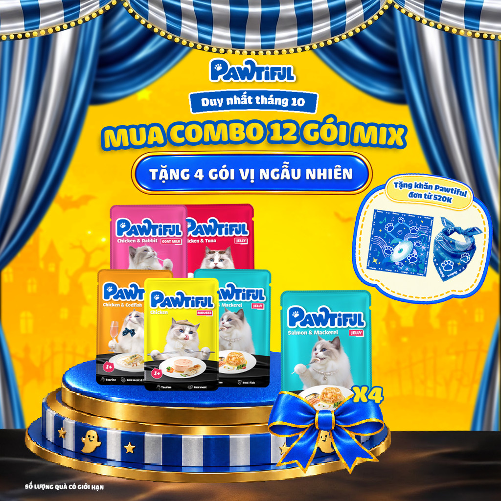 [MUA 12 TẶNG 4] Combo 12 gói thức ăn cho mèo Pawtiful Mix vị 70g x12