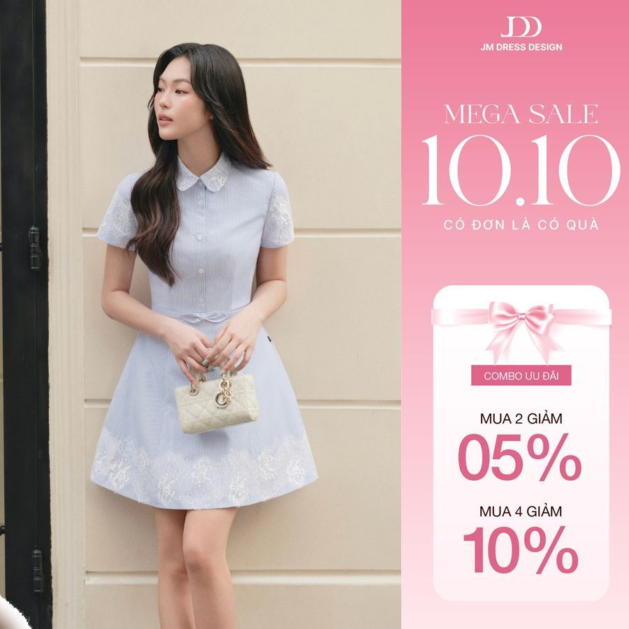 Đầm Ngắn Tay Cổ Sen Phối Ren Chân 1F09.2608, Đầm Mini Nữ Chân Xòe Phong Cách Preppy Hiện Đại, Váy Công Sở Thanh Lịch JM