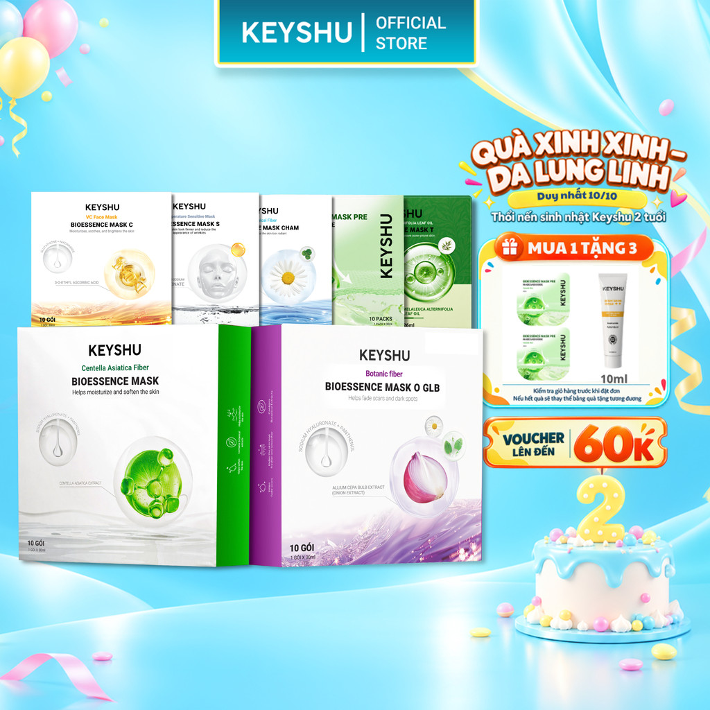 [TẶNG 2 MIẾNG] Hộp Mặt Nạ KEYSHU Dưỡng Ẩm, Làm Sáng Da, Hỗ Trợ Ngăn Ngừa Lão Hóa 10 Miếng 30ML