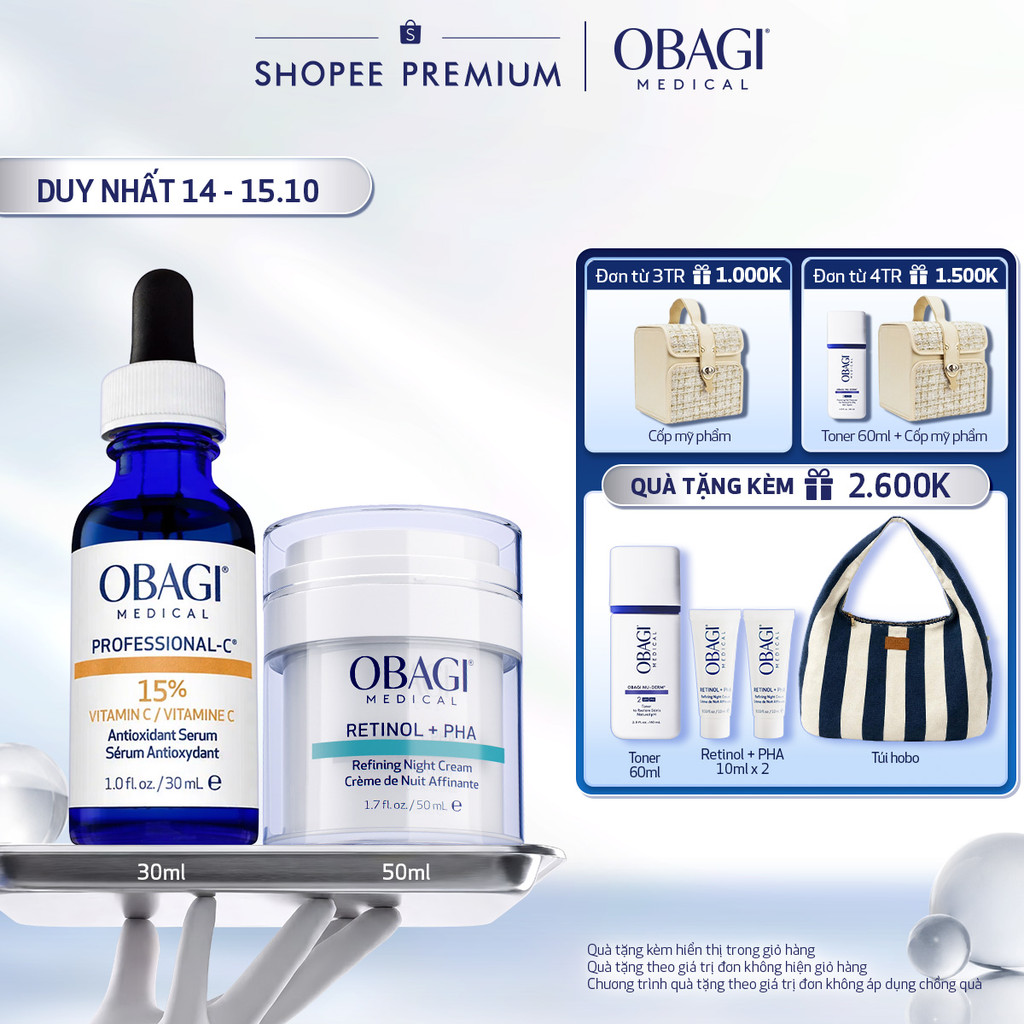 Bộ đôi Kem Dưỡng Đêm Obagi Retinol + PHA 50ml & Serum Vitamin C 15% Obagi Professional-C 30ml