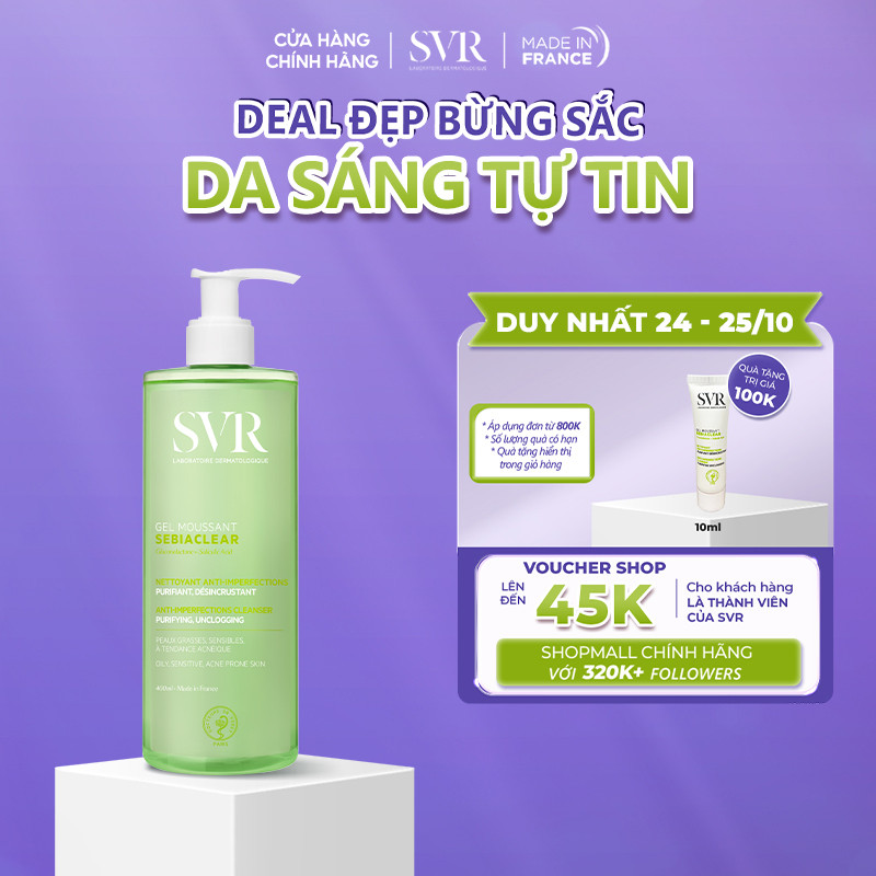 Gel rửa mặt cho da dầu mụn, không chứa xà phòng SVR Sebiaclear Gel Moussant 400ML
