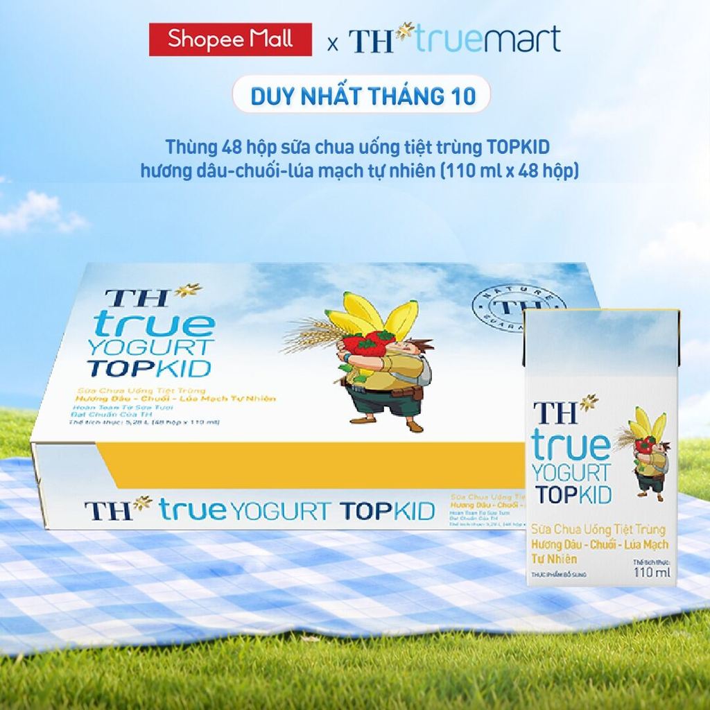 Thùng Sữa Chua Uống Tiệt Trùng TH true YOGURT TOPKID milk Hương Dâu-Chuối-Lúa Mạch 110ml (48 Hộp)