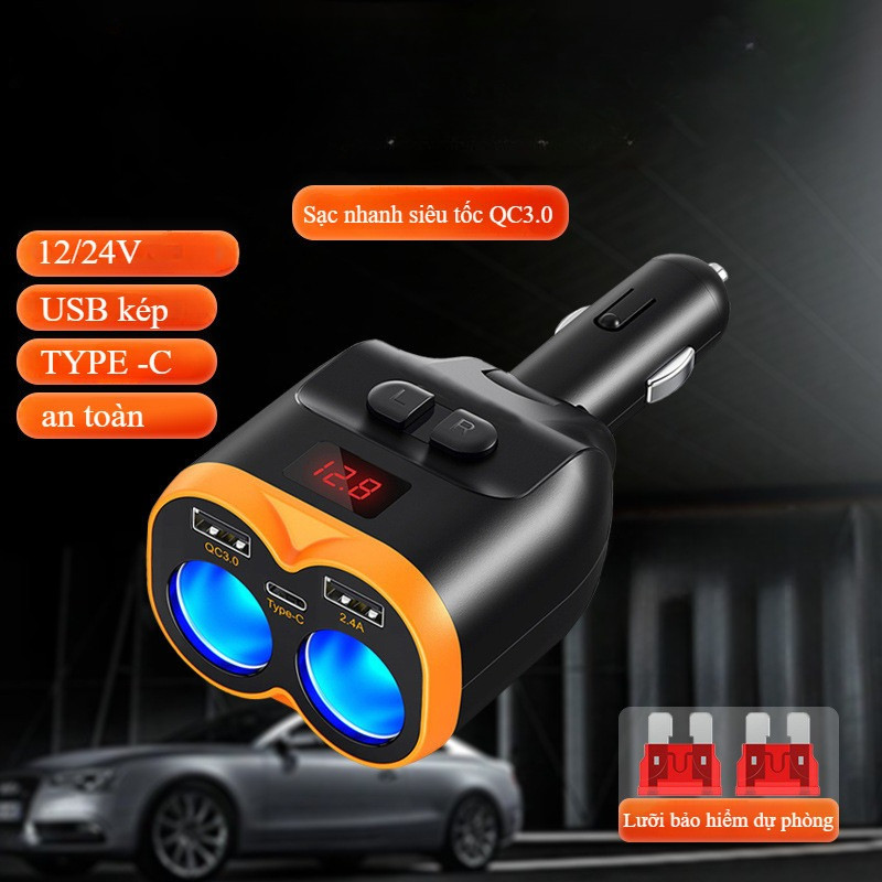 Tẩu sạc nhanh ô tô 30W cao cấp, 5 cổng kết nối, Màn Hình LCD Tự Động, tự động ngắt an toàn