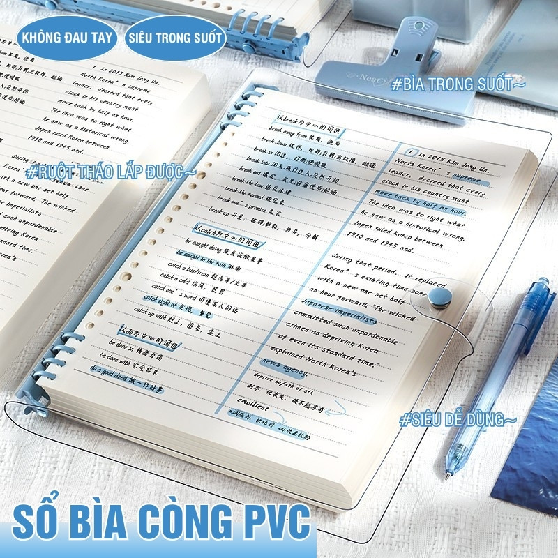 Sổ Tay Binder A5 Thay Giấy – Bìa Nhựa Dẻo Trong Suốt, 120 Trang Kẻ Ngang Caro, Phù Hợp Ghi Chép Học Tập