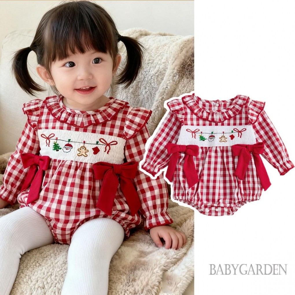 Bé Gái Kẻ Sọc Bong Bóng Áo Liền Quần Thời Trang Giáng Sinh Thêu Sock Dài Tay Ruffle Jumpsuit