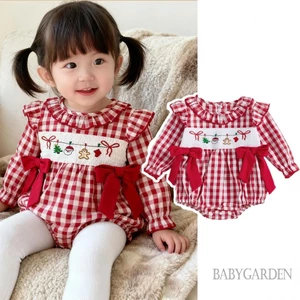 Bé Gái Kẻ Sọc Bong Bóng Áo Liền Quần Thời Trang Giáng Sinh Thêu Sock Dài Tay Ruffle Jumpsuit