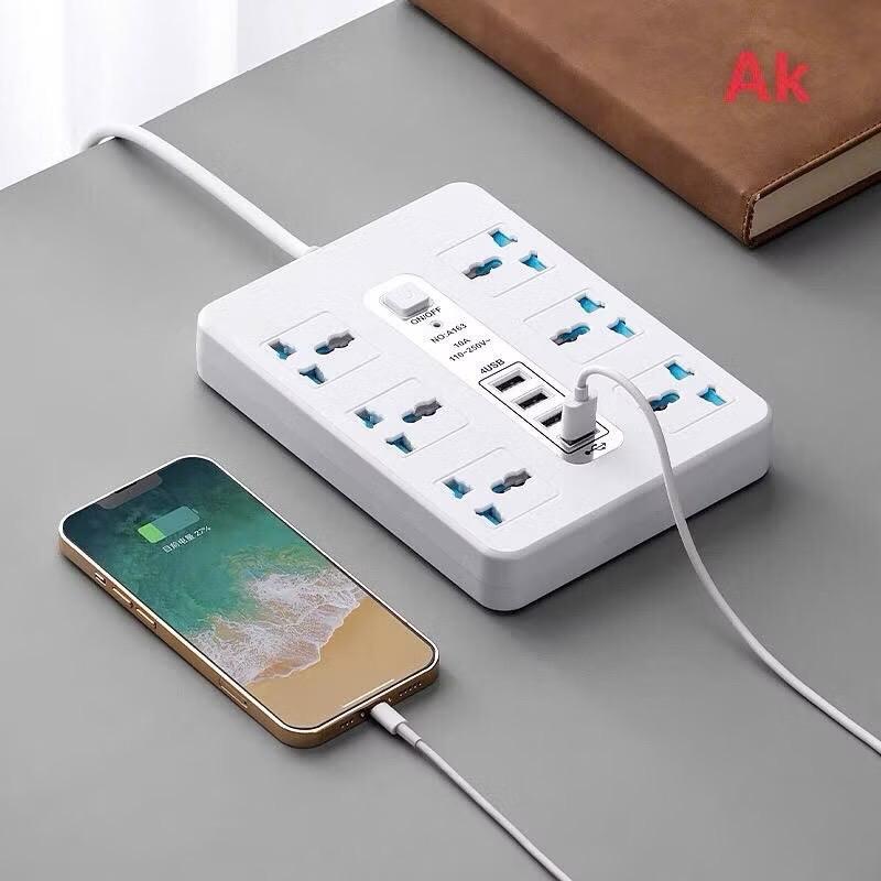 ￼Ổ Cắm Điện Đa Năng Chống Giật Chịu Tải 2500W Gồm 6 Ổ Cắm Tích Hợp 4 Cổng USB Sạc Nhanh Điện Thoại Dây Dài 3m