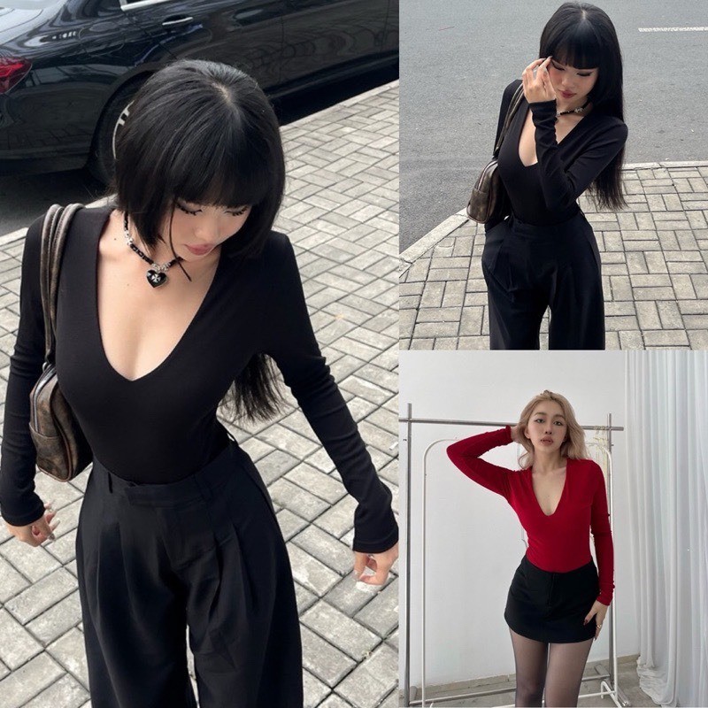 Áo Tay Dài Cổ Tim chất cotton ôm body tôn dáng - Áo thun nữ đẹp cổ V