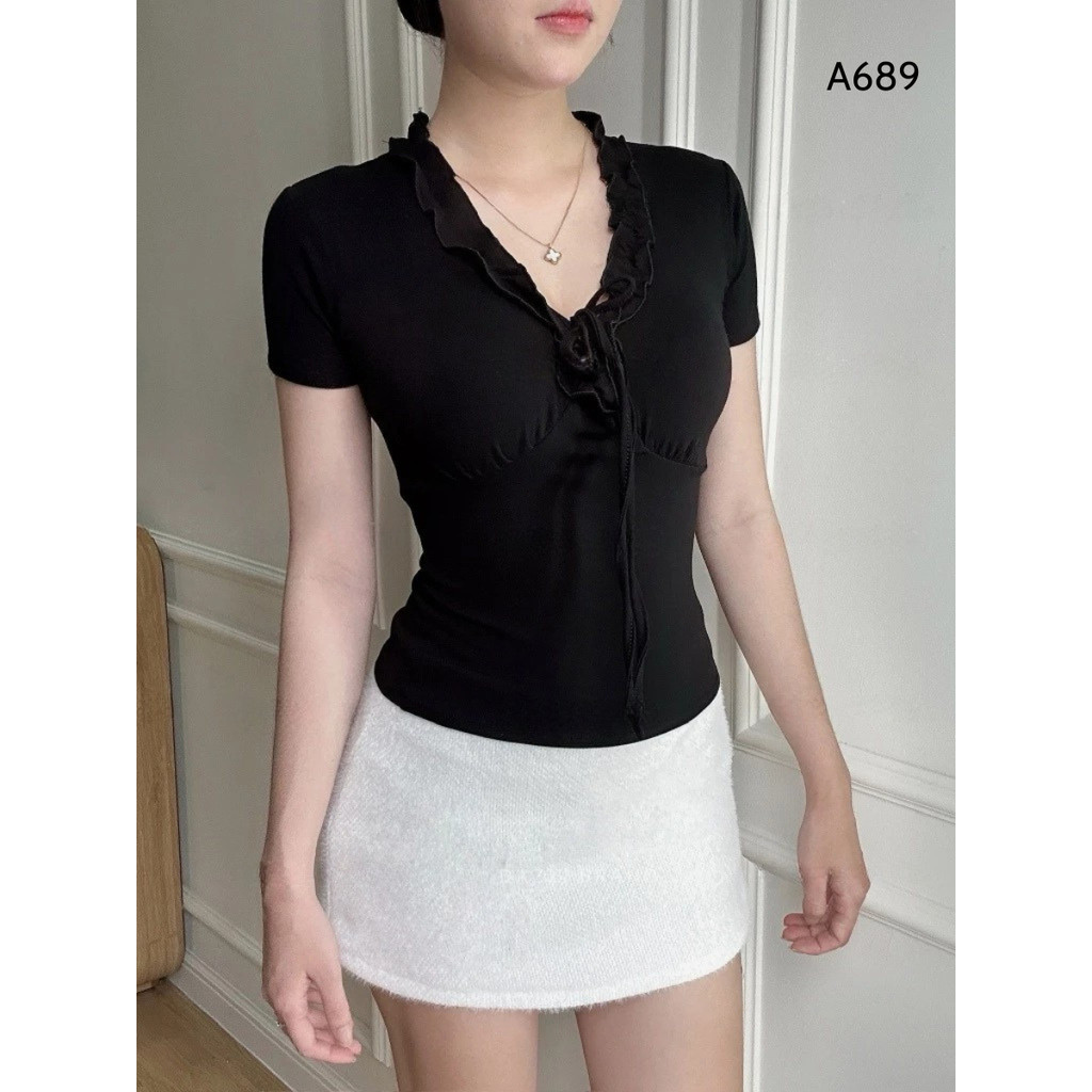 Áo Thun Nữ Cổ V Nhún Bèo Thắt Nơ Chất Cotton Mịn Ôm Body, Tôn Dáng Xinh Xắn_A689 -Sammi