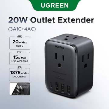 Bộ mở rộng ổ cắm UGREEN US với 4 ổ cắm AC, 1 USB-C (20W), 3 USB-A (15W), Chống sét, Thiết kế màu đen nhỏ