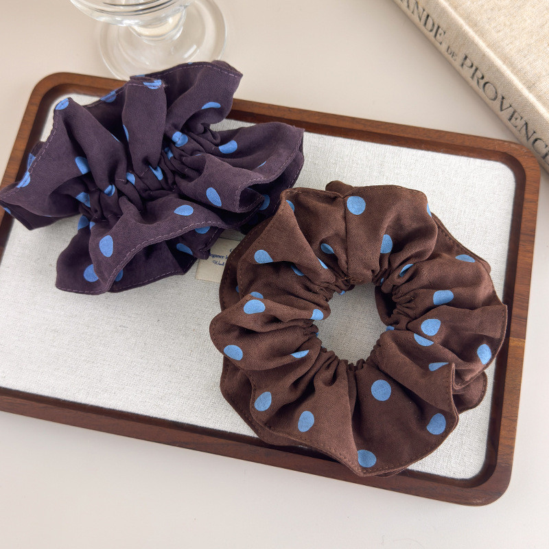 Khăn Scrunchy Tóc Chấm Bi Vuông Màu Xanh Cà Phê, Phong Cách Retro