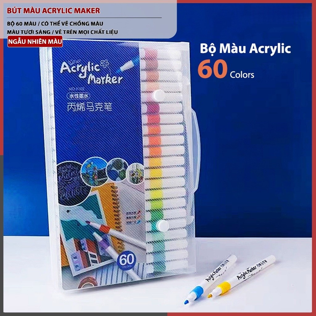 Hộp 60 Bút Màu Acrylic Marker Cao Cấp Màu Vẽ Sơn Chống Nước Bộ Cọ Vẽ Trên Mọi Chất Liệu Bề Mặt