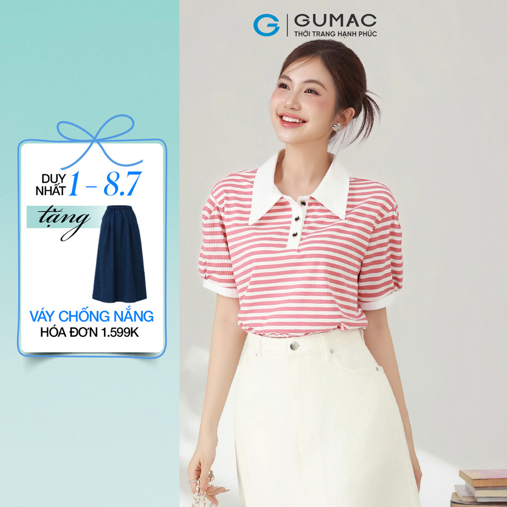Áo Polo Nữ Dáng Suông GUMAC Cổ Tròn Vải Thun Gân Sọc Phối Cổ Và Nẹp Nút  PLE11036
