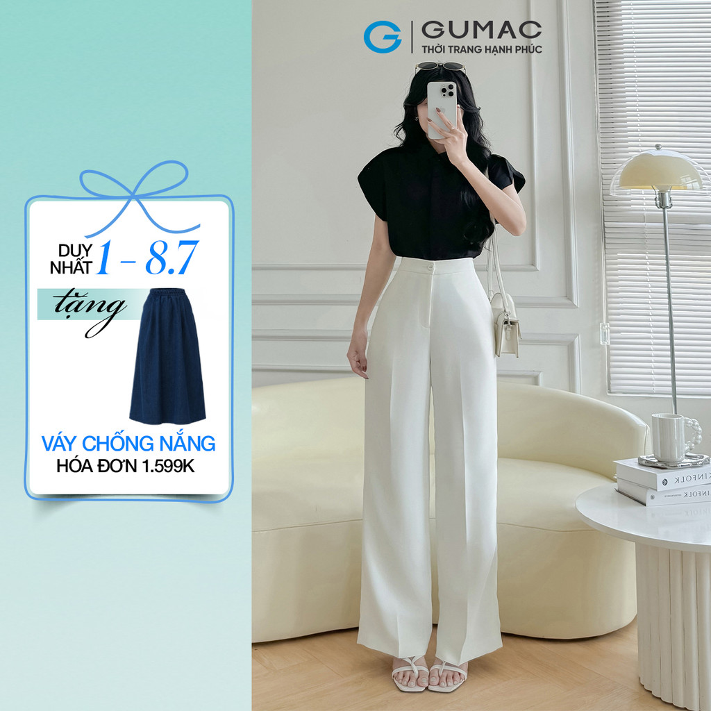 Quần tây nữ GUMAC ống suông màu trắng nút bọc chất liệu cotton silk mềm mịn  QF08032