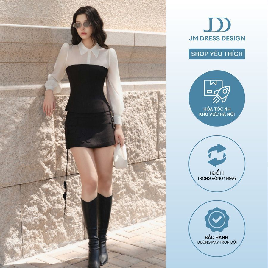 Áo Quây Đè Nẹp Đan Dây Sau 2T30.2506K + Chân Váy A Đính Hoa 4S17.2506K. Set Đồ Cá Tính Phối Corset Y2K thiết kế bởi JM