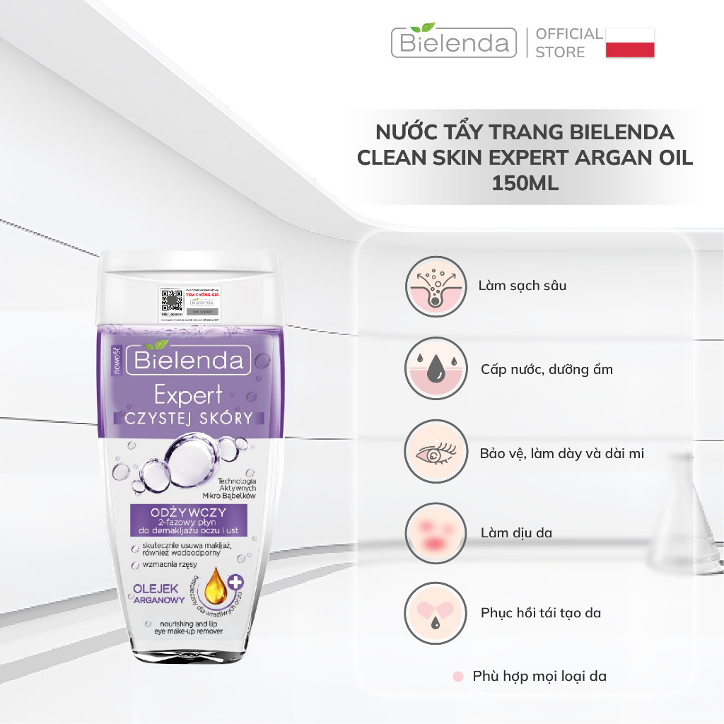 Nước tẩy trang Bielenda Clean Skin Expert Argan Oil làm sạch sâu cho vùng da mắt môi 150ml