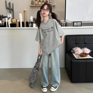 Phiên Bản Hàn Quốc Áo Thun Nữ Tay Ngắn 100% Cotton Rời Phong Cách Phương Tây In Chữ Mùa Hè Giữa Lớn Trẻ Em Top Hợp Thời Trang T XXVV
